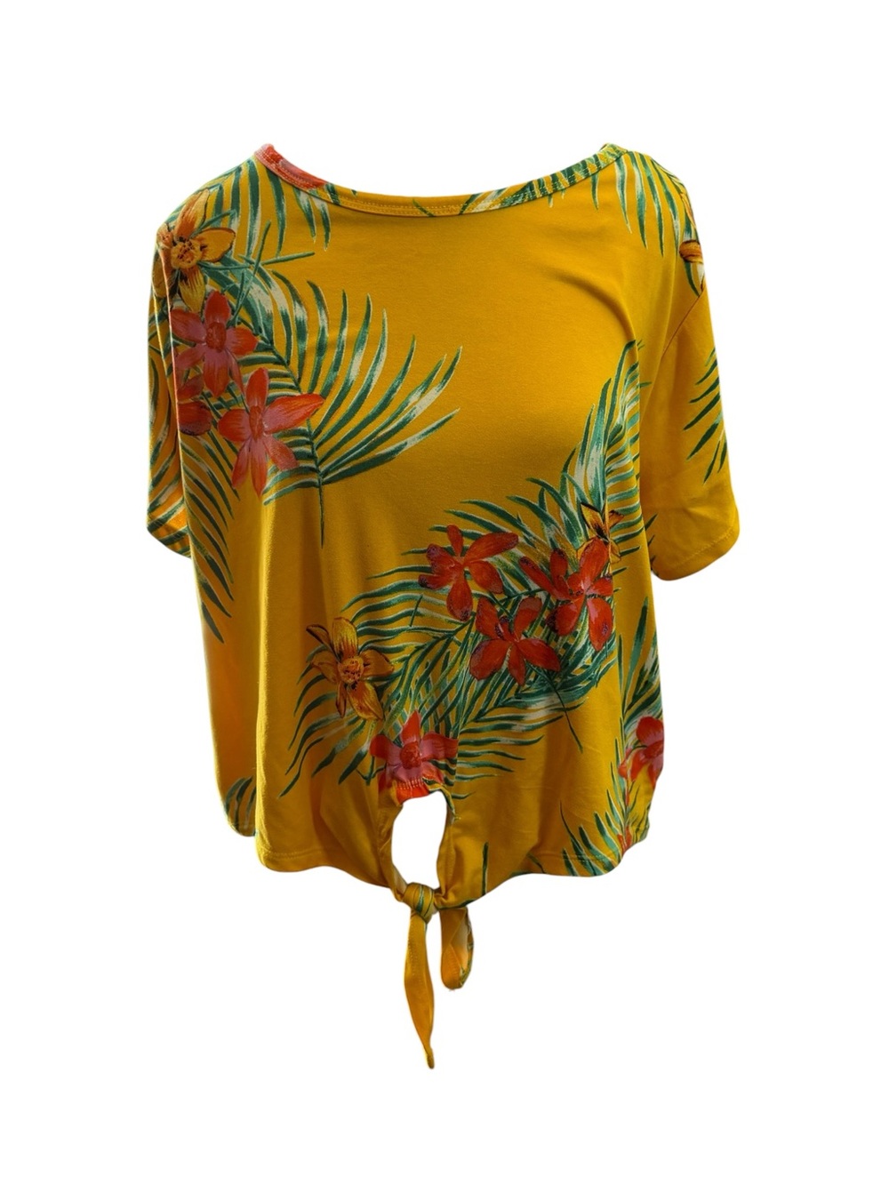 Mustard Tropical Tie-Front Short Sleeve Top